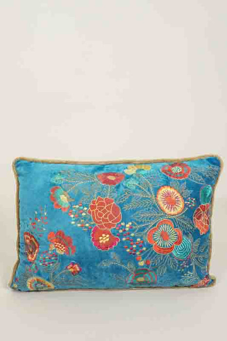Coussin décoratif coton brodé fleurs multicolores pétrole/multicolore 35x50cm