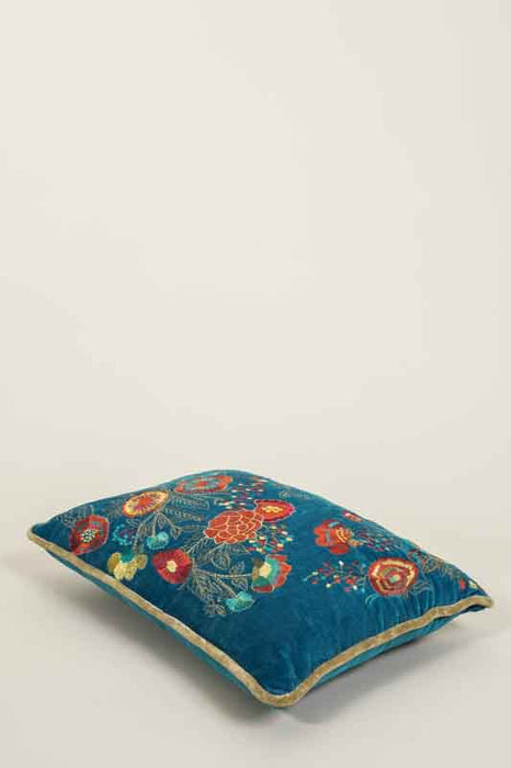 Coussin décoratif coton brodé fleurs multicolores pétrole/multicolore 35x50cm