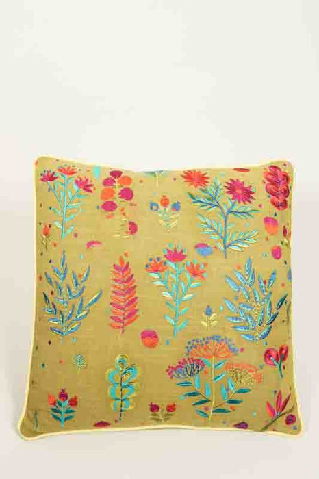 Decorative cushion, cotton, embroidered, wildflower meadow, ochre/red/light blue, 50x50cm