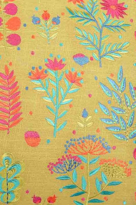 Decorative cushion, cotton, embroidered, wildflower meadow, ochre/red/light blue, 50x50cm