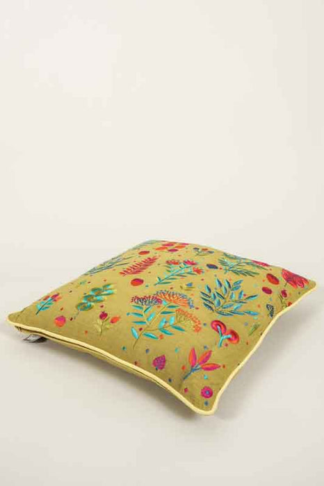 Decorative cushion, cotton, embroidered, wildflower meadow, ochre/red/light blue, 50x50cm