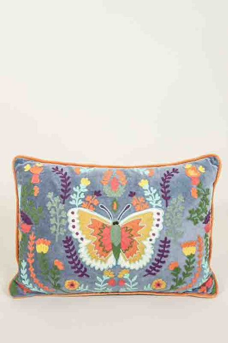 Coussin décoratif coton brodé papillon gris/multicolore 35x50cm
