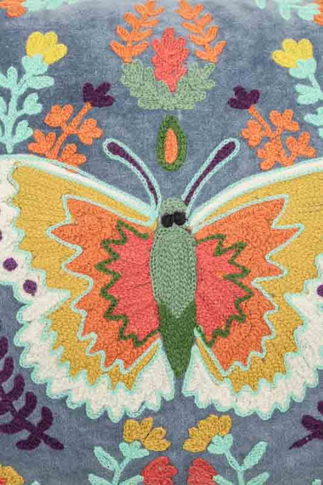 Coussin décoratif coton brodé papillon gris/multicolore 35x50cm