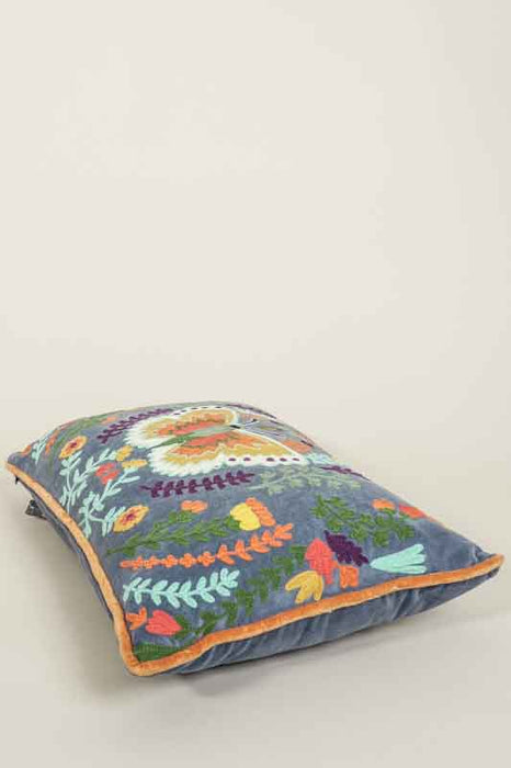 Coussin décoratif coton brodé papillon gris/multicolore 35x50cm