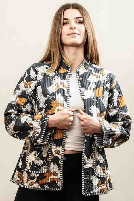 Cotton jacket with round neck - dark blue/white/yellow/multicolor - size M