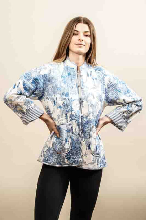 Cotton jacket with round neck - white/blue/multicolor - size M