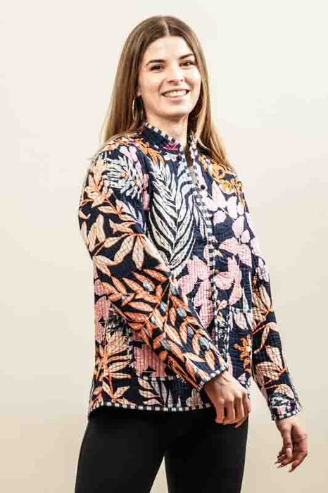 Cotton jacket with round neck - black/pink/white/multicolor - size L