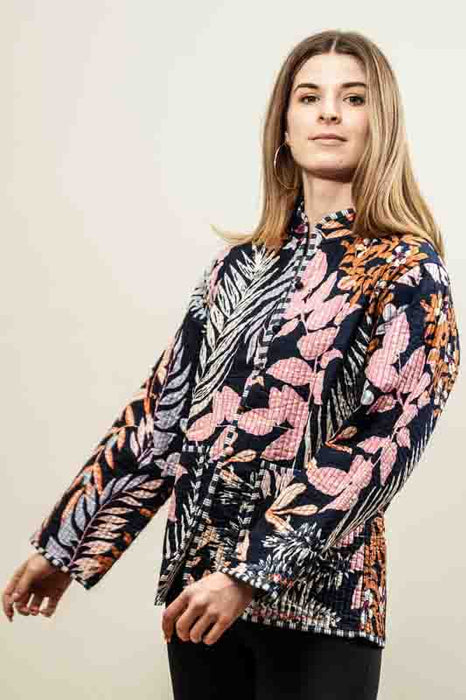 Cotton jacket with round neck - black/pink/white/multicolor - size L