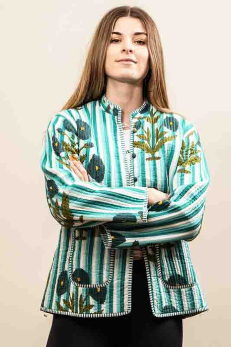 Cotton jacket with round neck - white/dark green/mint/multicolor - size L