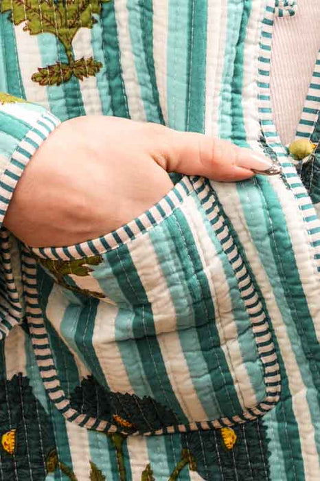 Cotton jacket with round neck - white/dark green/mint/multicolor - size L