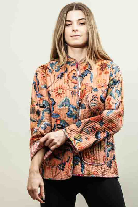 Cotton jacket with round neck - apricot/blue/multicolor - size L