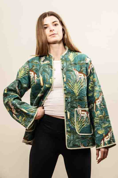 Cotton jacket with round neck - dark green/yellow/multicolor - size L