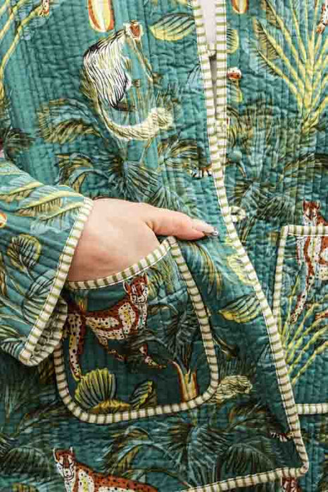 Cotton jacket with round neck - dark green/yellow/multicolor - size L