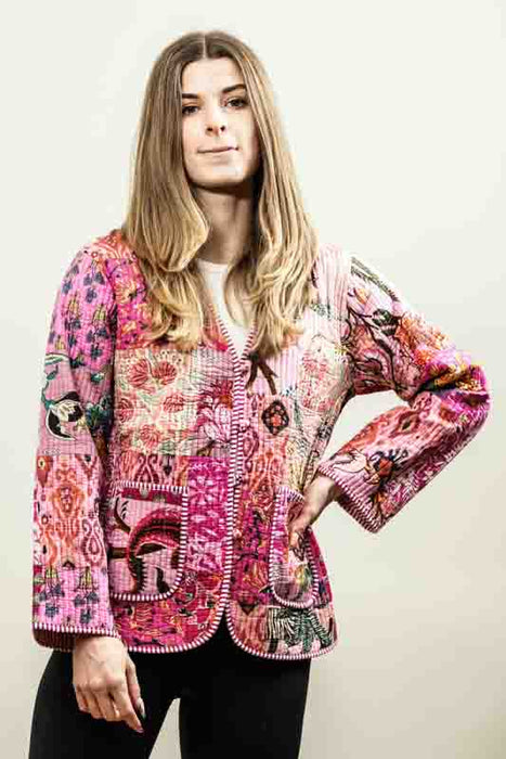 Cotton jacket with V-neck - pink/yellow/multicolor - size M