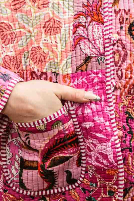 Cotton jacket with V-neck - pink/yellow/multicolor - size M