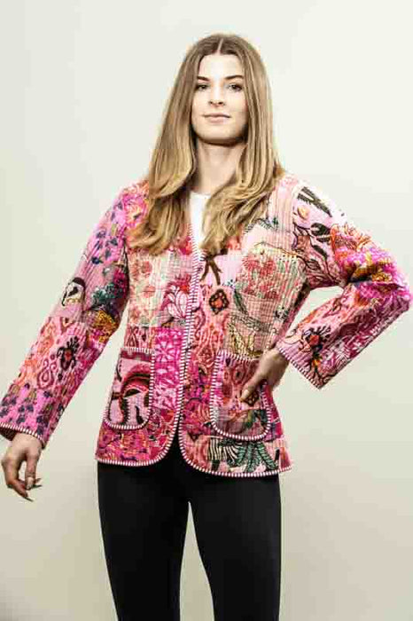 Cotton jacket with V-neck - pink/yellow/multicolor - size M