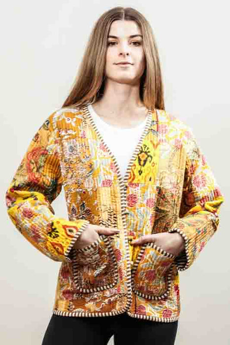 Cotton jacket with V-neck - orange/pink/green/multicolor - size M