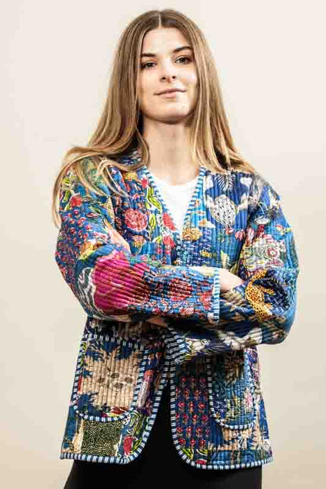 Cotton jacket with V-neck - blue/red/white/multicolor - size M