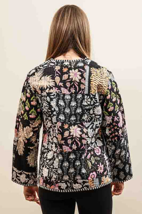 Cotton jacket with V-neck - black/white/pink/multicolor - size M
