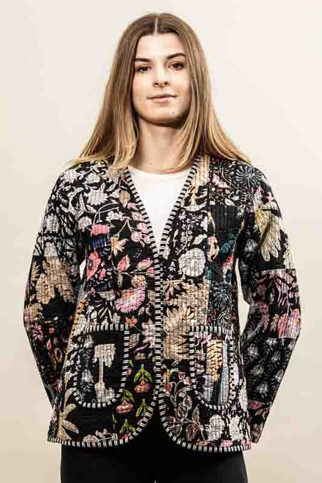 Cotton jacket with V-neck - black/white/pink/multicolor - size M