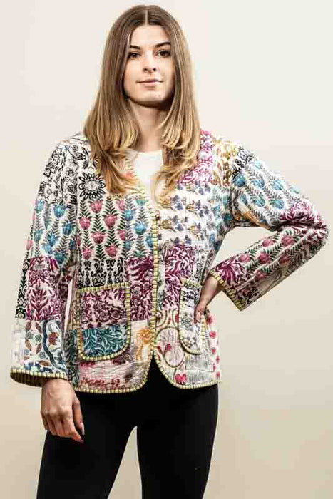 Cotton jacket with V-neck - white/pink/light blue/multicolor - size M