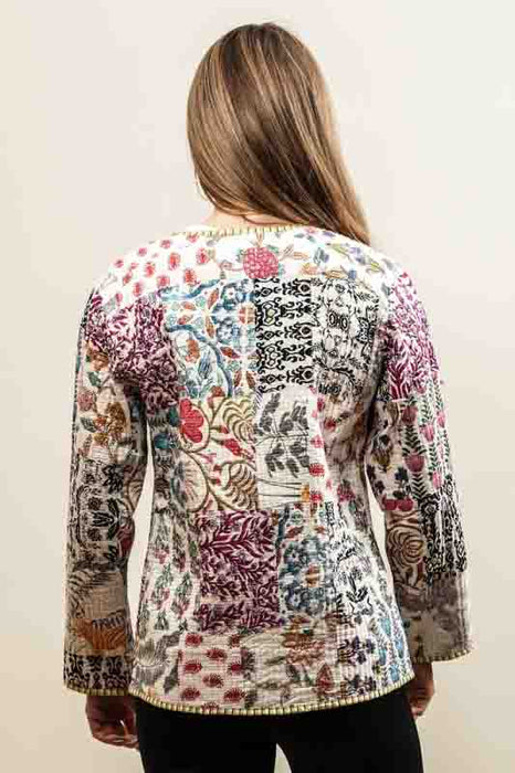 Cotton jacket with V-neck - white/pink/light blue/multicolor - size M