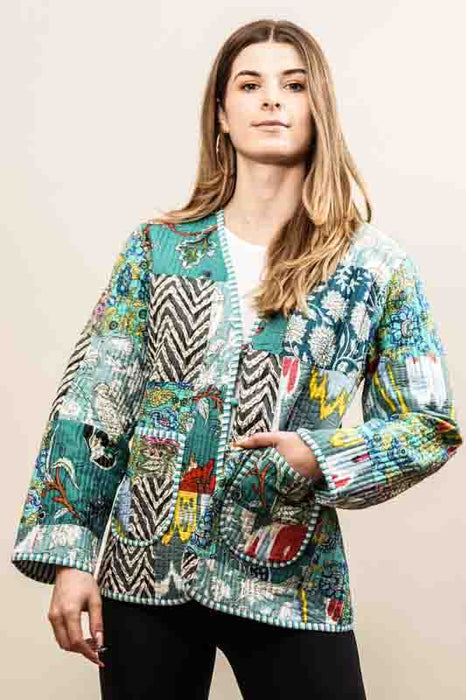 Cotton jacket with V-neck - blue/red/turquoise/multicolor - size M