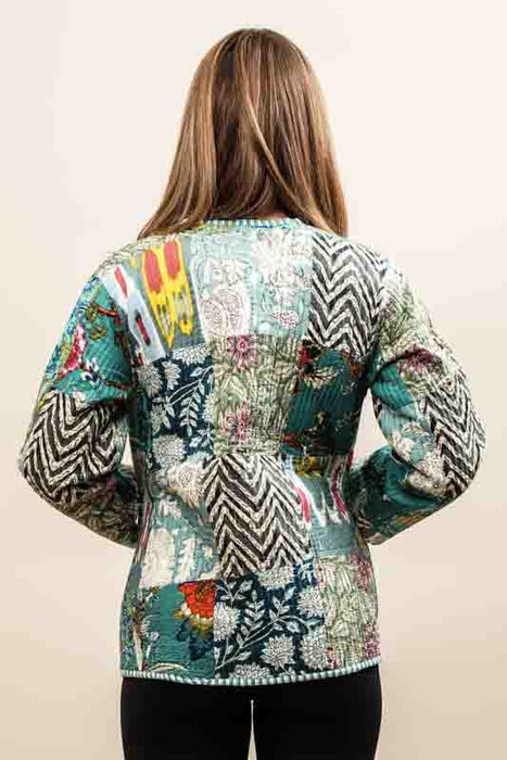 Cotton jacket with V-neck - blue/red/turquoise/multicolor - size M