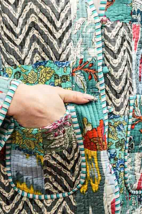 Cotton jacket with V-neck - blue/red/turquoise/multicolor - size M