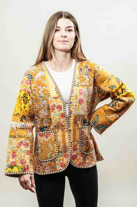 Cotton jacket with V-neck - orange/pink/green/multicolor - size L