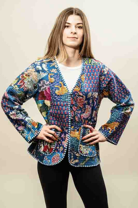 Cotton jacket with V-neck - blue/red/white/multicolor - size L