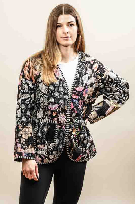 Cotton jacket with V-neck - black/white/pink/multicolor - size L