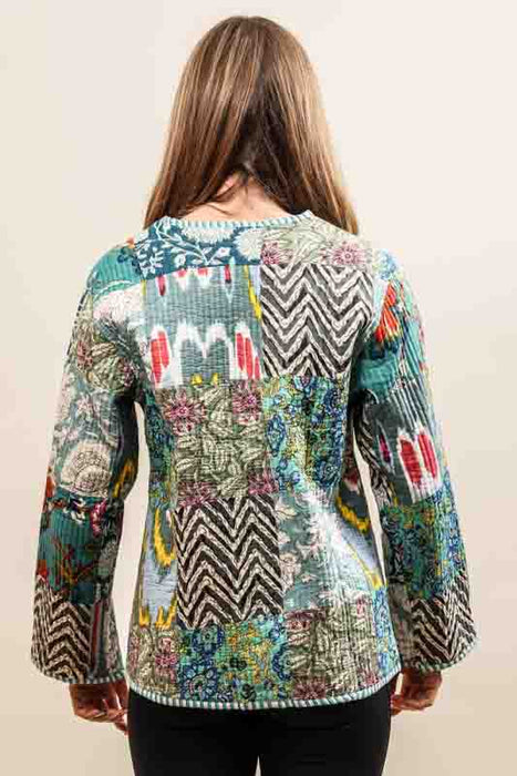 Cotton jacket with V-neck - grey/turquoise/multicolor - size L