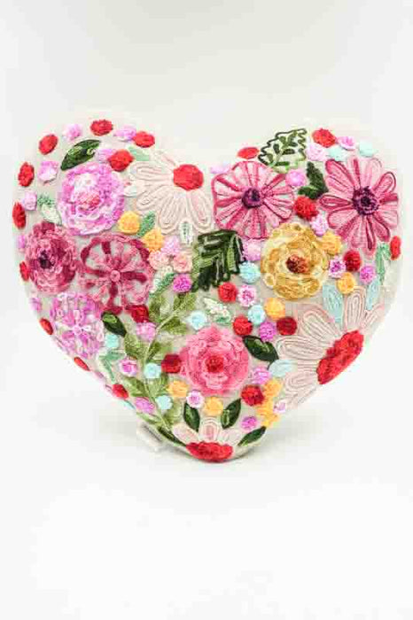 Decorative Cushion Cotton Heart-shaped Pink with Floral Embroidery 45x45cm
