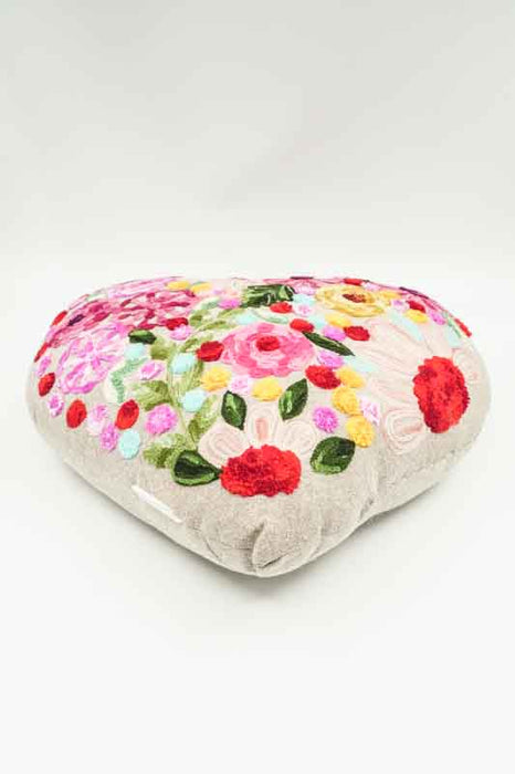 Decorative Cushion Cotton Heart-shaped Pink with Floral Embroidery 45x45cm