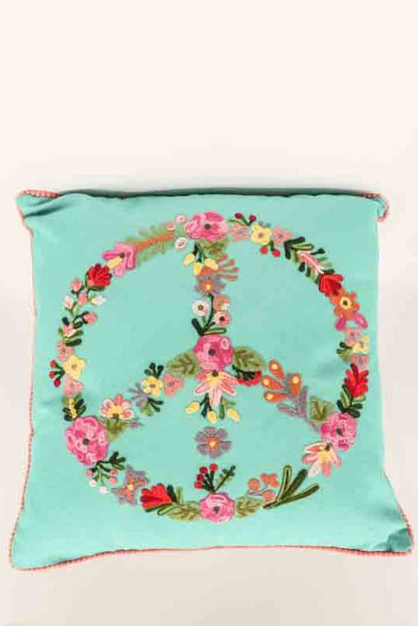 Coussin décoratif en coton Peace turquoise avec broderies 45x45cm