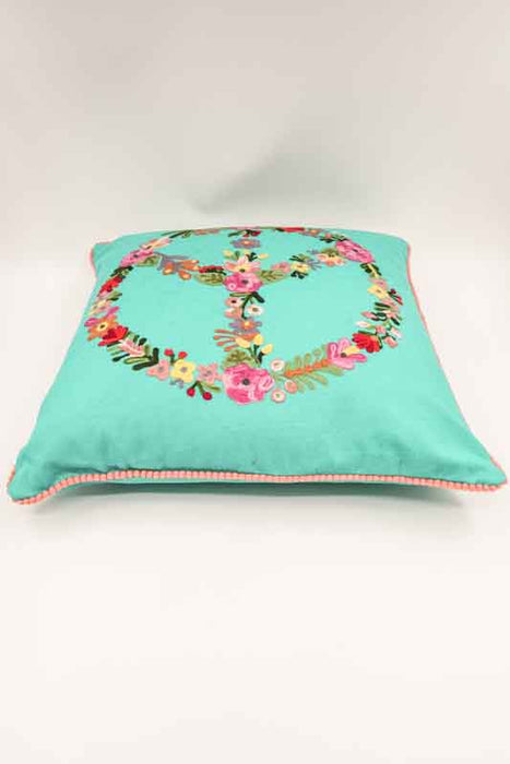 Coussin décoratif en coton Peace turquoise avec broderies 45x45cm