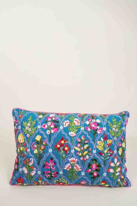 Decorative Pillow Cotton Floral Pattern Dark Blue 40x60cm