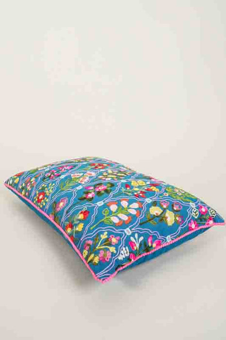 Decorative Pillow Cotton Floral Pattern Dark Blue 40x60cm