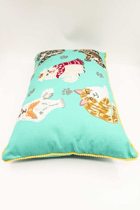 Zierkissen Baumwolle spielende Katzen türkis 40x60cm