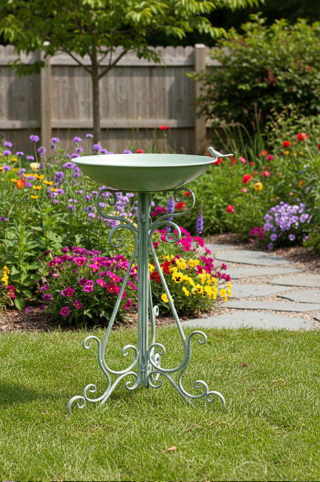 Bird bath, 3-legged, with saucer, sage green, 42x37x74cm