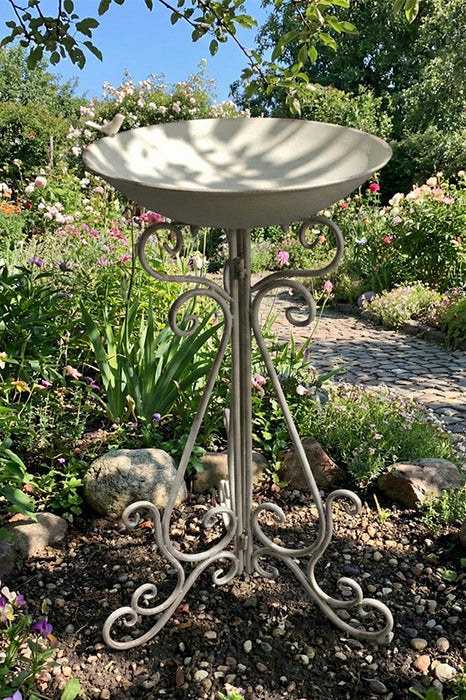 Bird bath, 3-legged, with plate, antique cream, 42x37x74cm