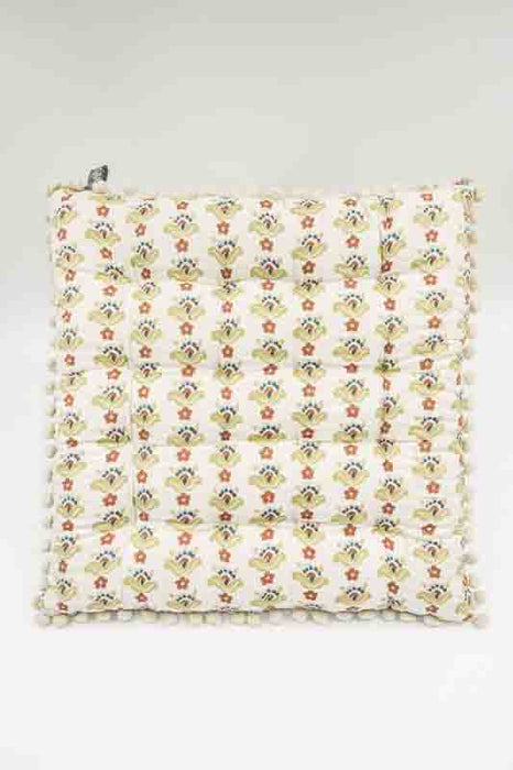 Sitzkissen Gaddi Baumwoll-Print mit Pompons offwhite/hellgrün/braun 40x40x5cm