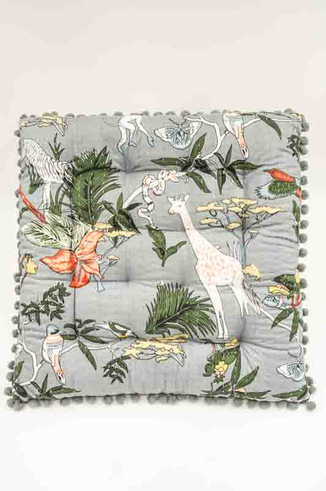 Sitzkissen Gaddi Baumwoll-Print mit Pompons khaki/weiss/braun 40x40x5cm