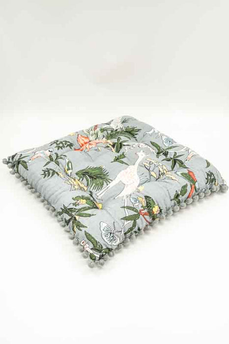Sitzkissen Gaddi Baumwoll-Print mit Pompons khaki/weiss/braun 40x40x5cm