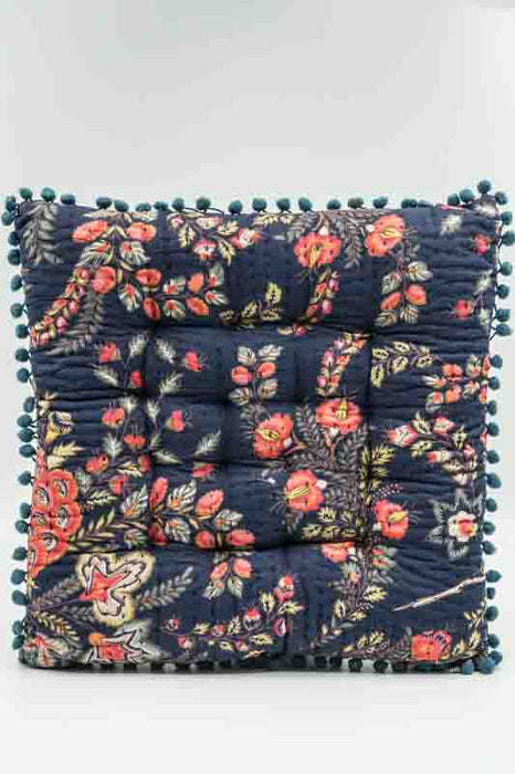 Sitzkissen Gaddi Baumwoll-Print mit Pompons navyblau/rot/multicolor 40x40x5cm