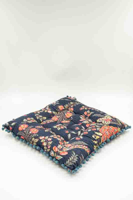 Sitzkissen Gaddi Baumwoll-Print mit Pompons navyblau/rot/multicolor 40x40x5cm