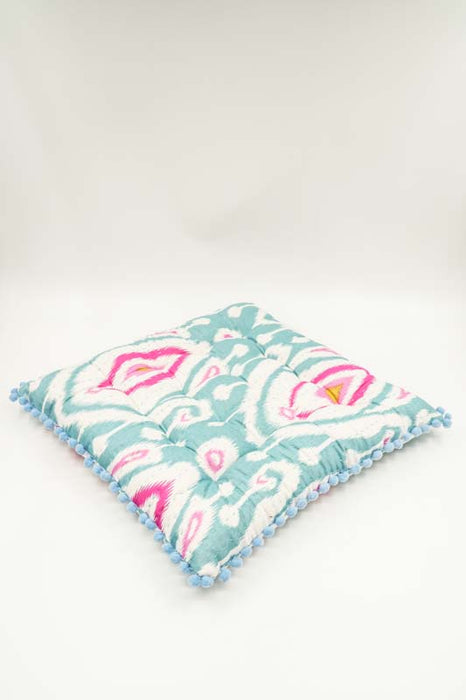 Sitzkissen Gaddi Baumwoll-Print mit Pompons hellblau/pink/crème 40x40x5cm