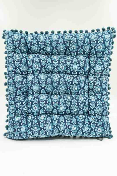 Sitzkissen Gaddi Baumwoll-Print mit Pompons blau/beige 40x40x5cm