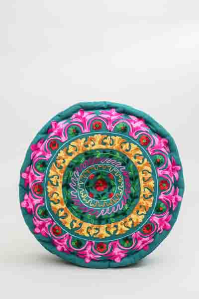 Sitzkissen Gaddi rund bestickt dunkelgrün/multicolor 40x10 cm